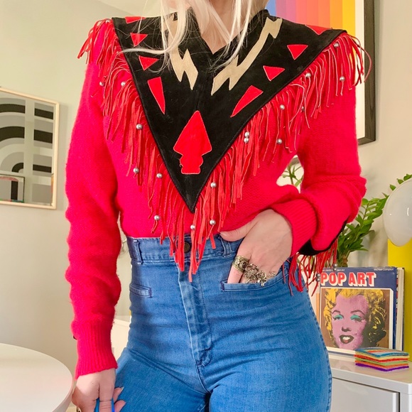 Vintage Sweaters - Vintage 80s beaded leather fringe western sweater